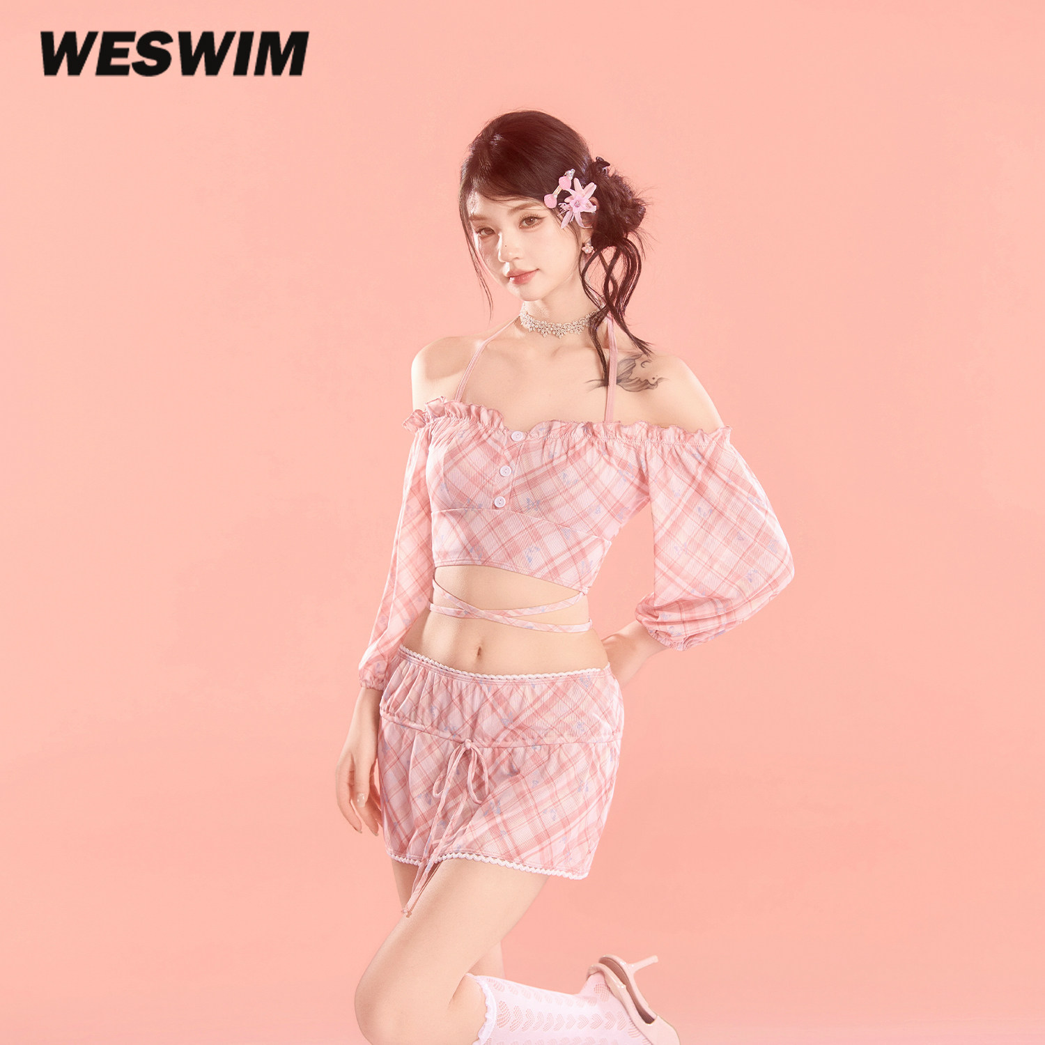 WESWIM泳衣女长袖挂脖纯欲分体高腰裙蕾丝泰国度假泡私汤海边粉色