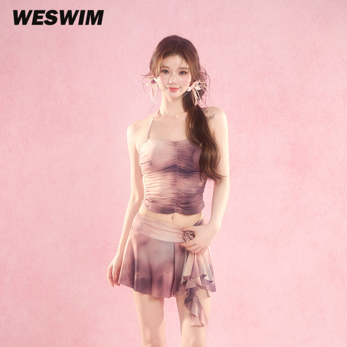 WESWIM挂脖抽褶露背分体泳衣