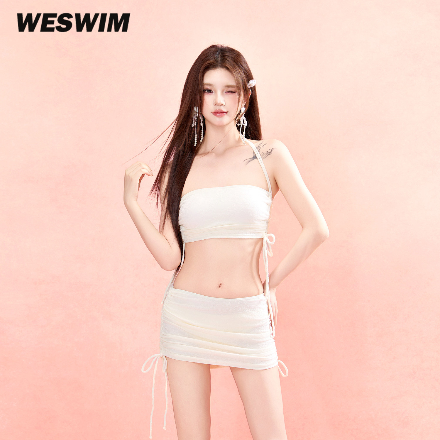 WESWIM白色抹胸裹裙比基尼泳衣