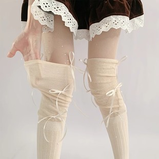 白色蝴蝶结堆堆袜夏季 过膝袜子女小腿袜轻薄款 美拉德长筒配靴子