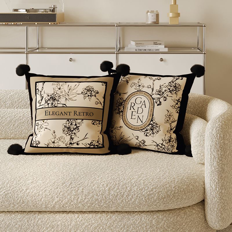 抱枕ins风法式抱枕套沙发客厅格子靠垫中古风加大毛球方形抱枕套