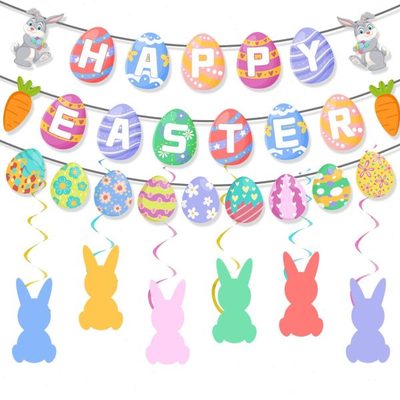 复活节主题装饰连体HAPPY EASTER拉花彩蛋拉旗横幅兔子螺旋挂饰品