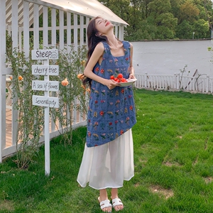 法式绝美气质蓝色刺绣拼接连衣裙女装2025夏季新款假两件时尚长裙图片