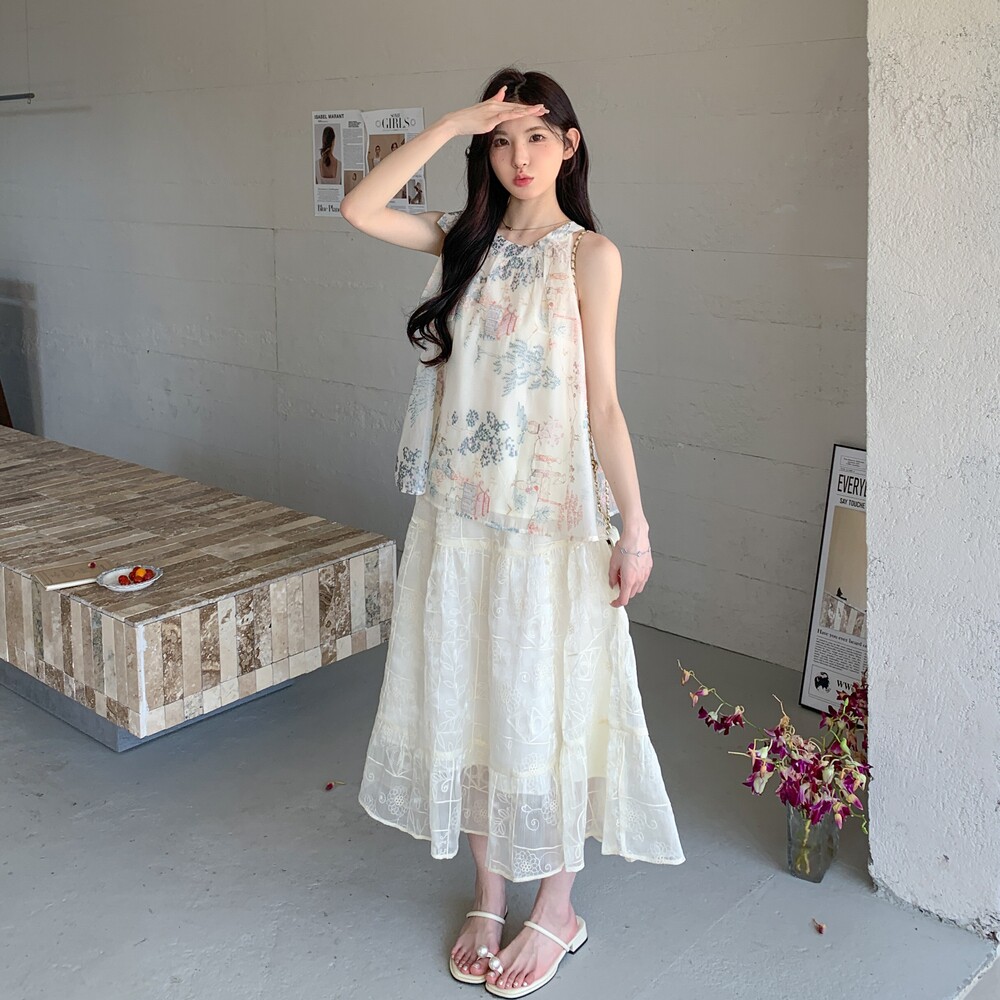 国风甜美超好看刺绣套装裙女夏季2025度假风挂脖上衣半身裙两件套,女装连衣裙,浙宝176（原073）