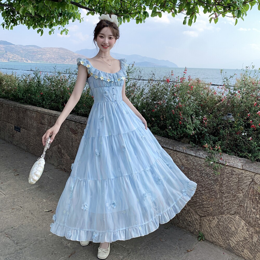 法式蓝色立体花朵独特雪纺连衣裙女2025夏季新款气质方领吊带裙子,女装连衣裙,浙宝176（原073）