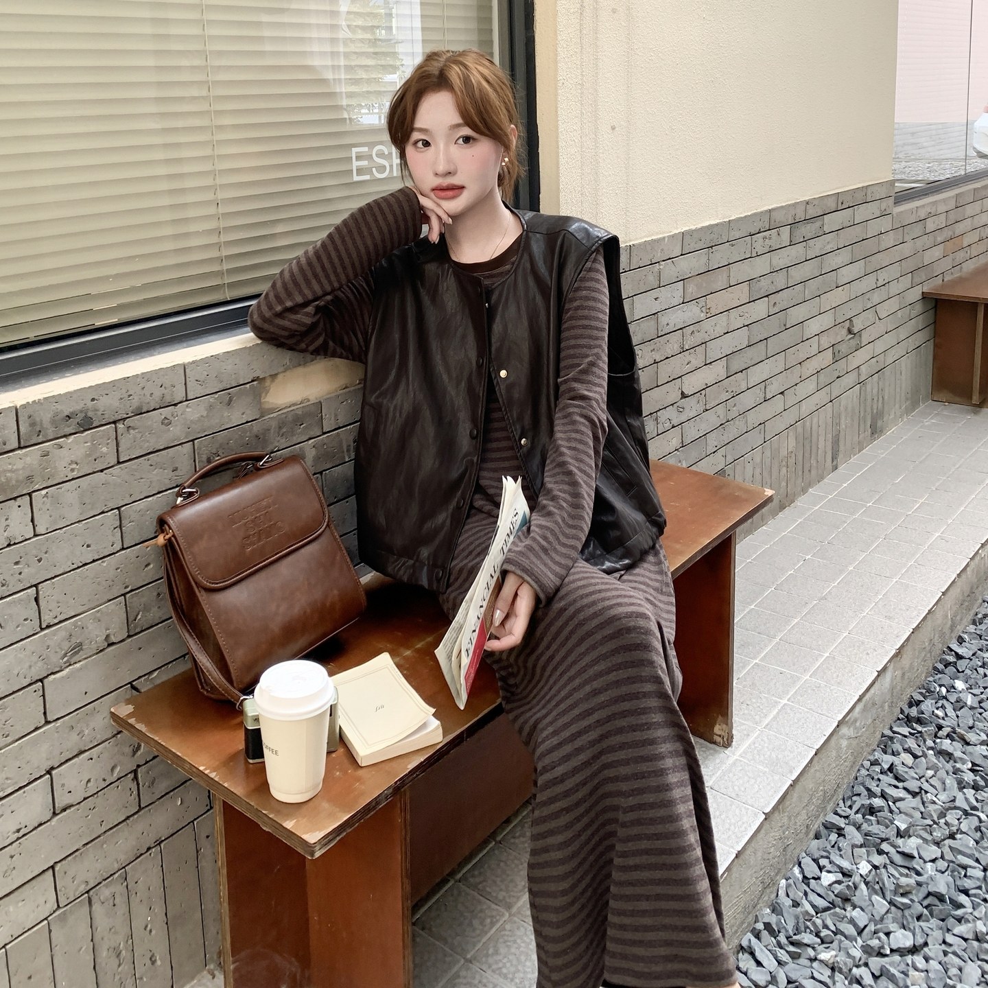 【有现货】【主推款】皮衣马甲+条纹连衣裙两件套8928-P165-K248,女装套装/套裙,浙宝176（原073）
