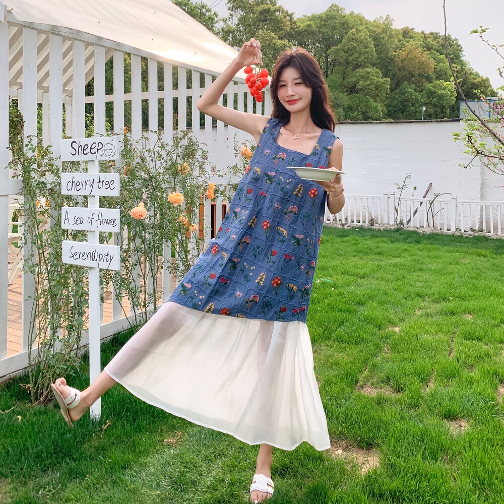 法式绝美气质蓝色刺绣拼接连衣裙女装2025夏季新款假两件时尚长裙,女装连衣裙,浙宝176（原073）