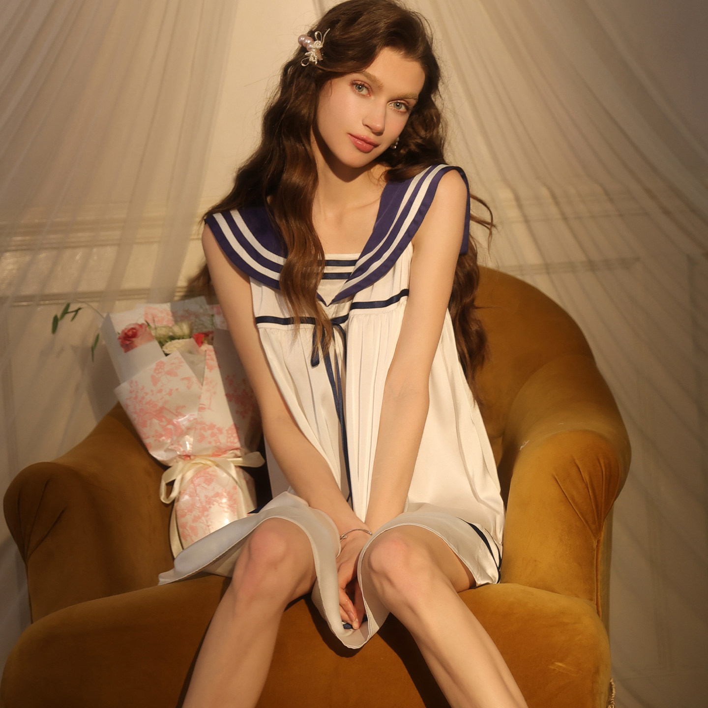 夏何夕性感睡衣女甜美学院风海军水手服系带蝴蝶结宽松吊带连衣裙
