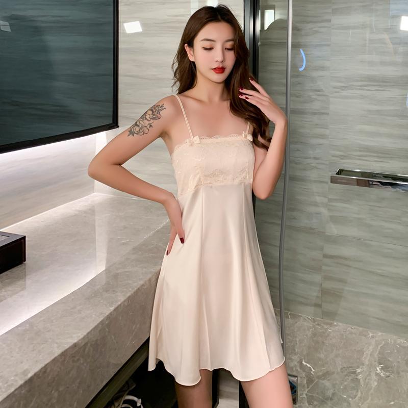 睡衣女夏季性感冰丝m火辣私房诱惑蕾丝公主吊带真丝抹胸睡裙两件