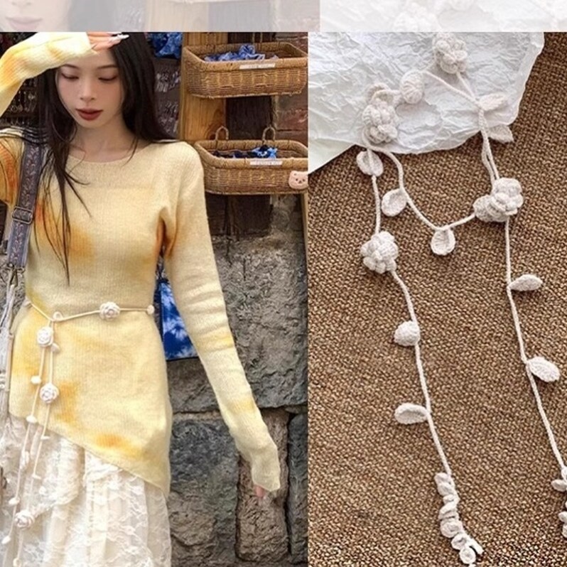 玫瑰花腰链黑色针织钩花项链女时尚穿搭腰带腰间配饰长条丝巾围巾