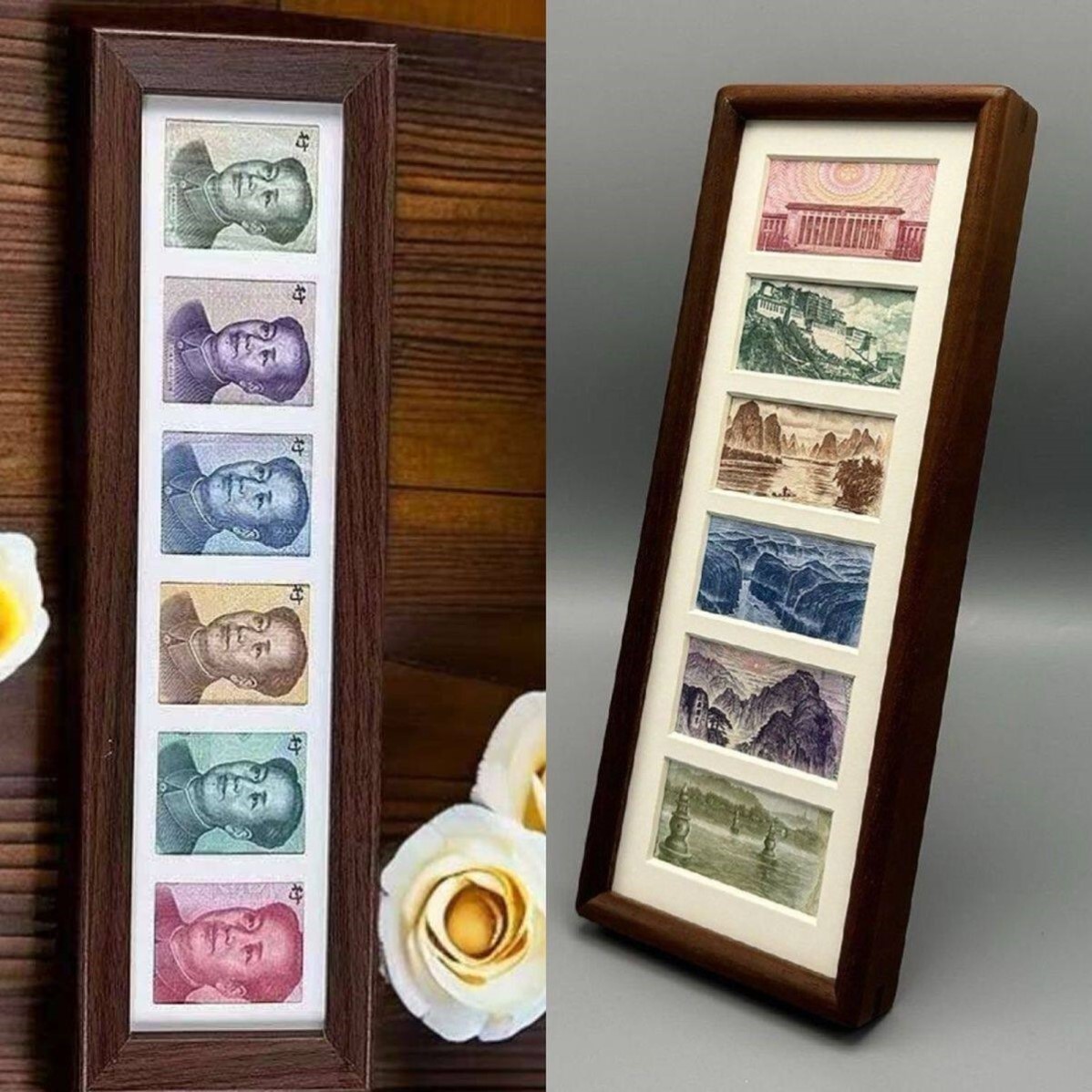 行行行人民币相框相框六连框黑胡桃人民币增运多金画框摆台装饰画