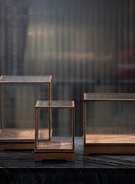 邸高家居客厅书房博物架三足方耳鼎黑鸡翅木玻璃罩防尘展示盒摆件