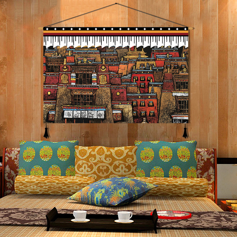 川藏族民宿横版挂画西藏客栈酒店布艺挂布客房床头墙壁装饰画