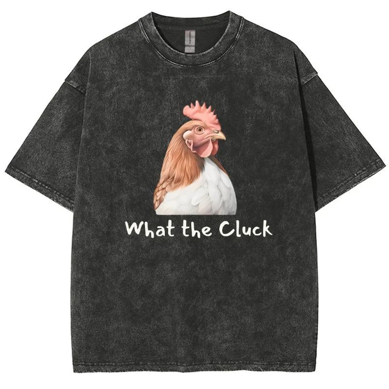 what the cluck美式复古百搭个性公鸡印花短袖T恤男复古潮流
