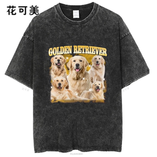 2025新款美式街头水洗复古黑色五只小狗狗集照 T恤短袖圆领百搭