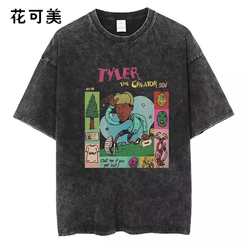 Tyler The Creator时尚嘻哈男女街头纯棉复古超大黑色短袖T恤