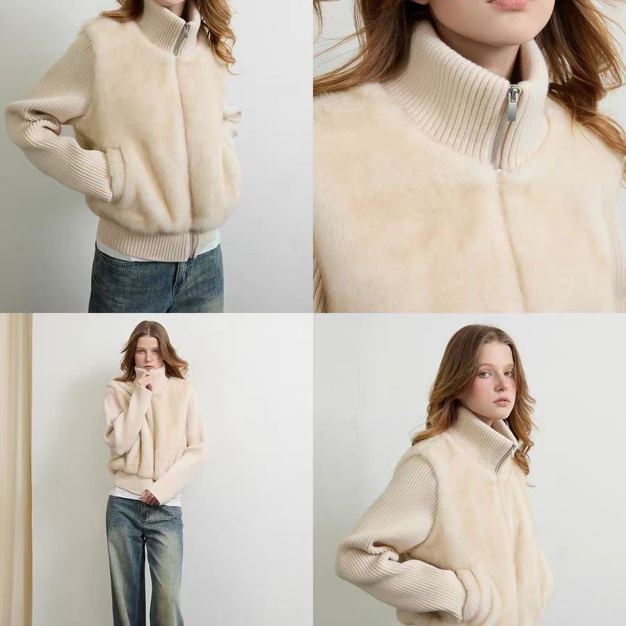 BBeginning 雪域暖阳 百搭短款针织拼接貂毛拉链皮草外套