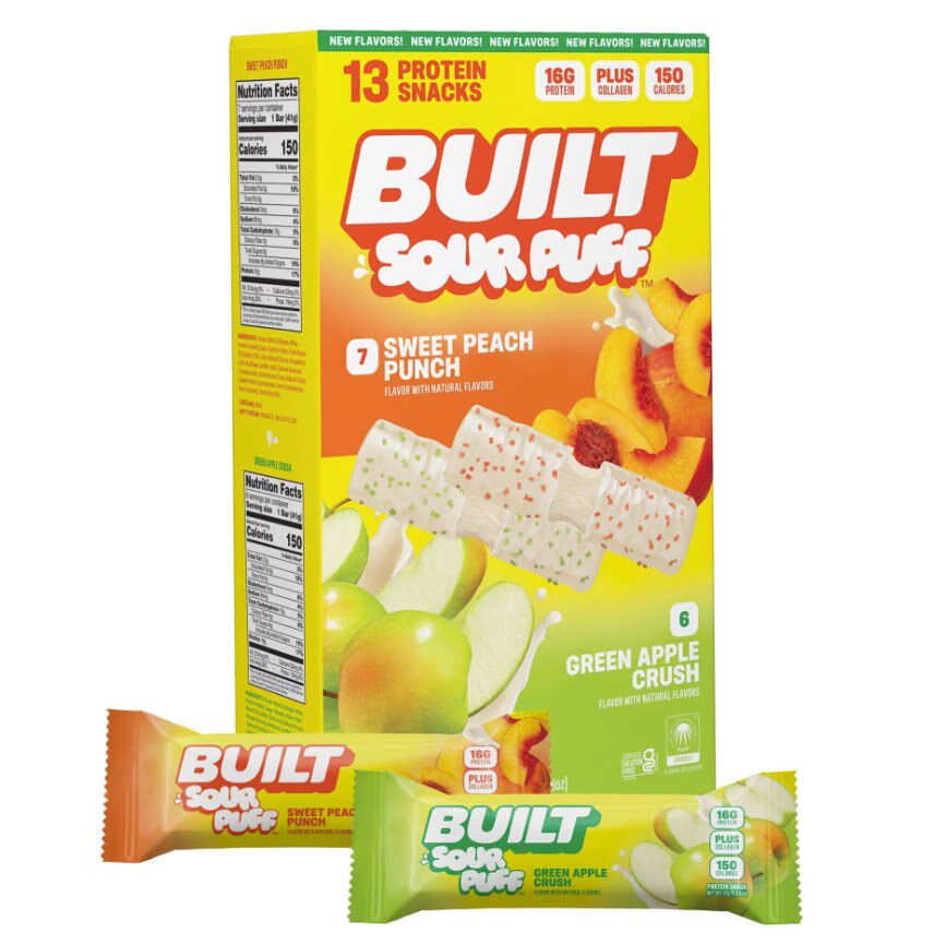 美国直邮 Built SOUR PUFF酸味蛋白能量棒饼干 蓝树莓桃子苹果味