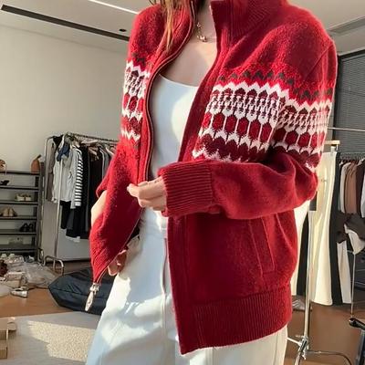 LP风格私服撞色费尔岛羊绒衫复古毛衣针织开衫女春秋外套