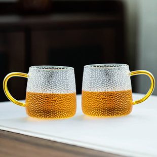 大容量喝水带把轻奢简约水杯现代锤纹玻璃杯家用客厅杯子耐热加厚