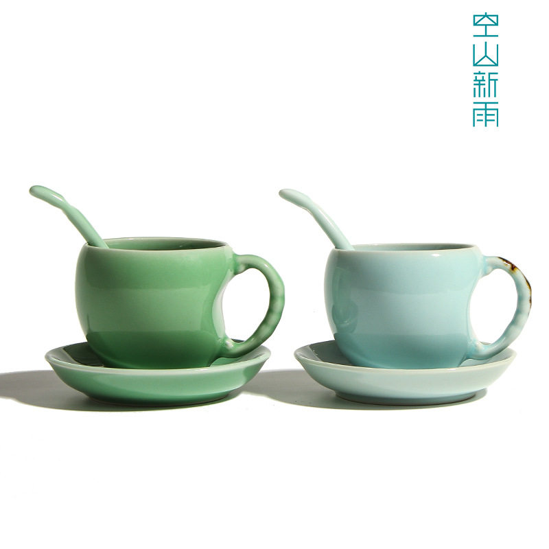 空山新雨 龙泉青瓷咖啡杯碟勺套装 创意陶瓷新中式咖啡杯雕刻logo