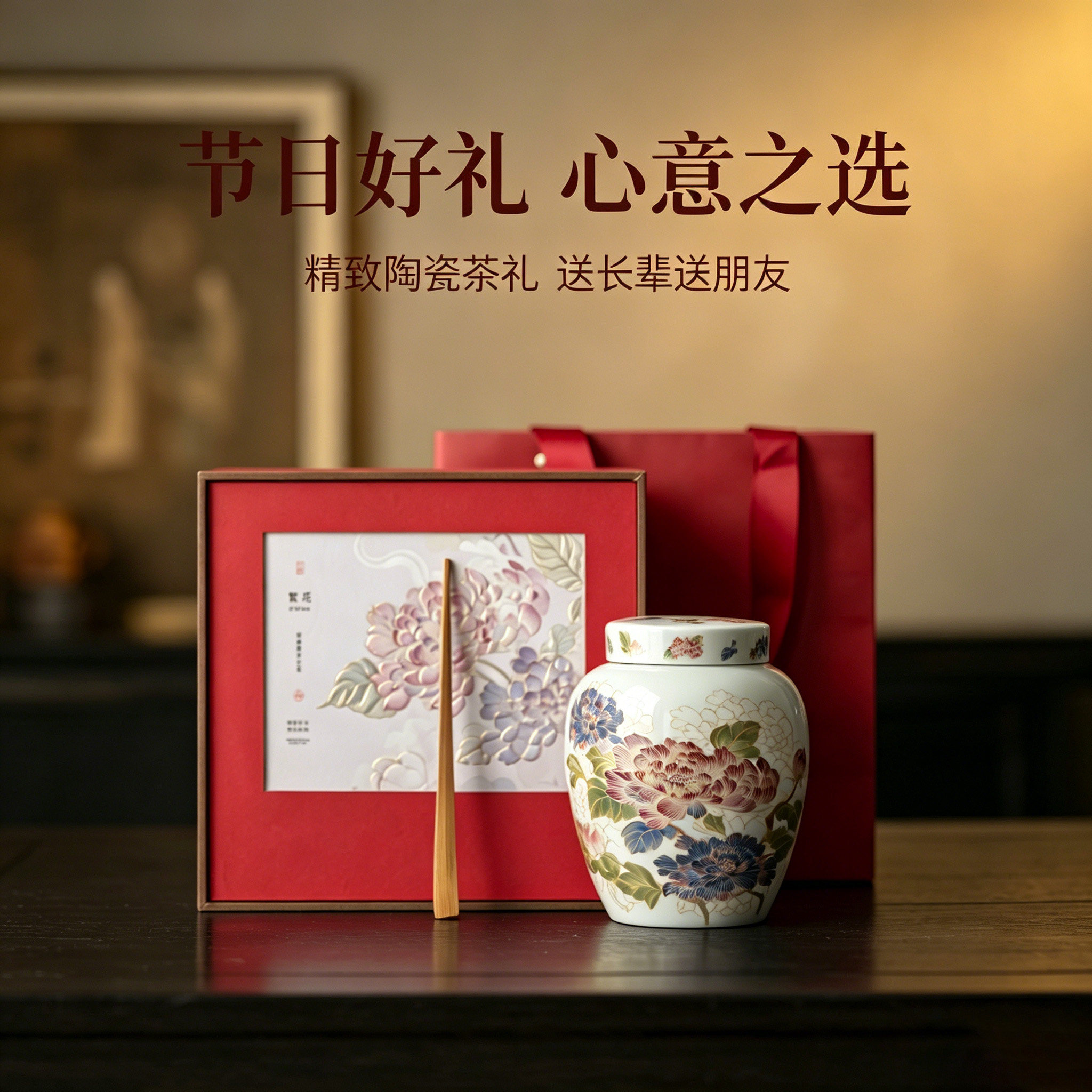 中秋新中式繁花陶瓷茶叶罐礼盒装高档精致通用红茶绿茶普洱茶定制