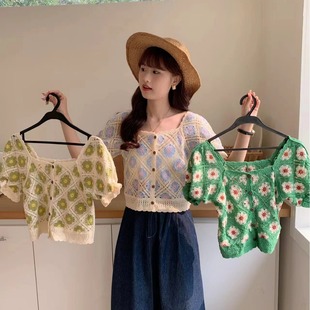 镂空针织衫 新款 复古甜美方领短袖 女夏季 上衣 韩版 减龄百搭钩花短款