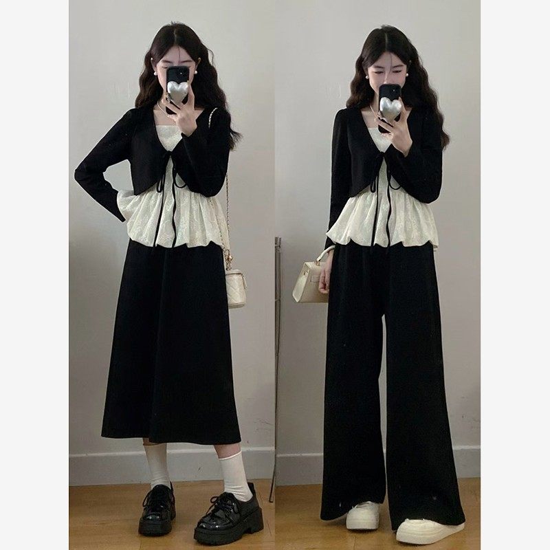 大码独特绝美漂亮小套装秋季女装假两件蕾丝上衣胖MM半身裙两件套