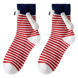 卡通情侣牵手袜子女秋季ins中长筒袜春秋棉袜磁吸搞怪个性条纹袜