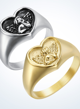 男女钛钢丘比特天使心形印章戒指