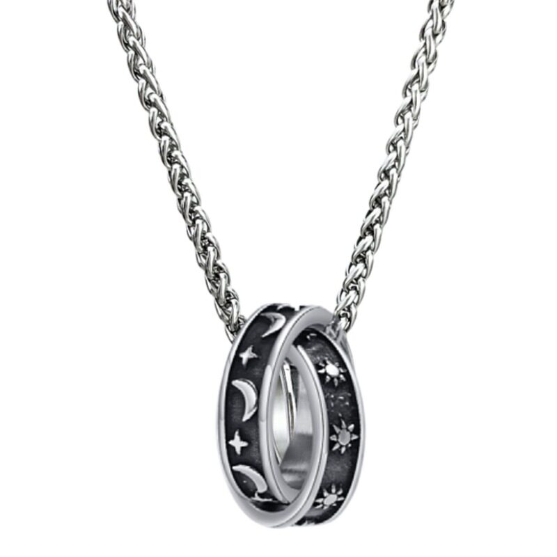 日月星辰双环项链男女原创复古钛钢星星月亮太阳环环相扣吊坠情侣