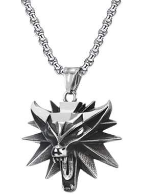 嘻哈潮男猎魔人巫师狼头钛钢项链