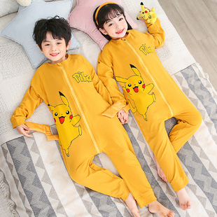 皮卡丘儿童连体睡衣男女童春夏季2025纯棉长袖薄款卡通宝宝家居服