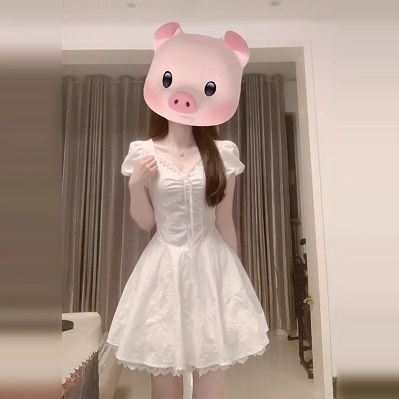 法式甜美蕾丝拼接白色连