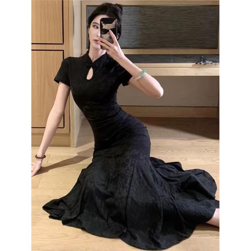 黑色新中式连衣裙子女202
