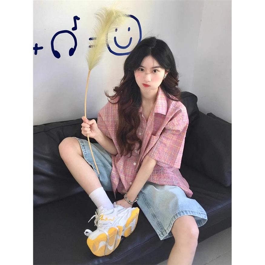 彩色格纹短袖衬衫女夏季