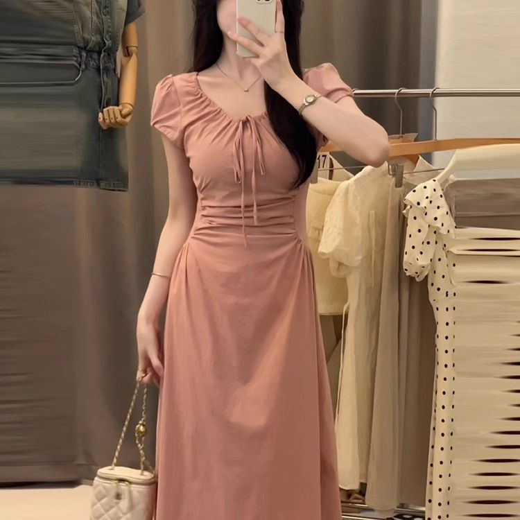 粉色泡泡袖连衣裙女2025