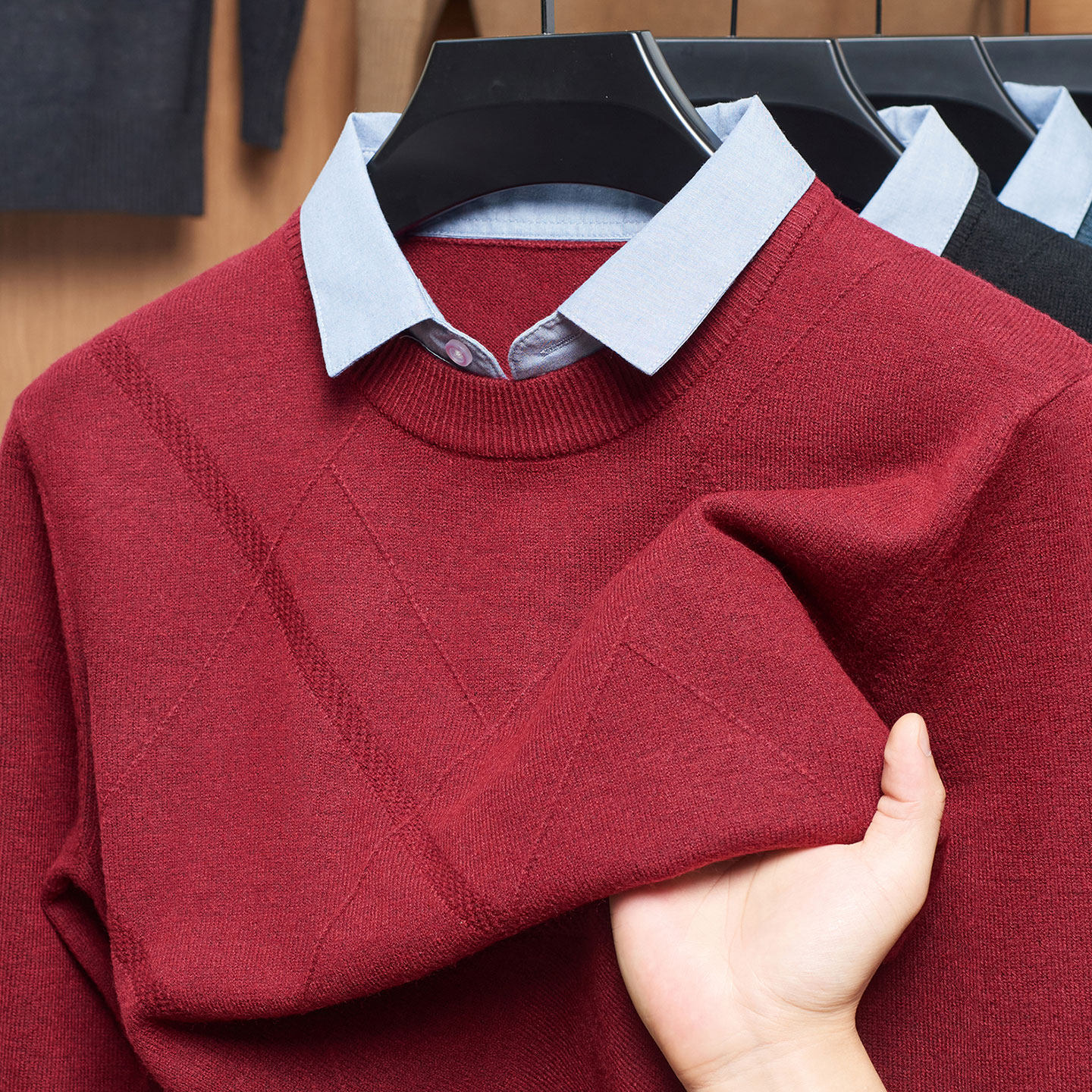 假两件衬衫领毛衣男款秋冬季加厚男士红色本命年针织打底衫上衣服