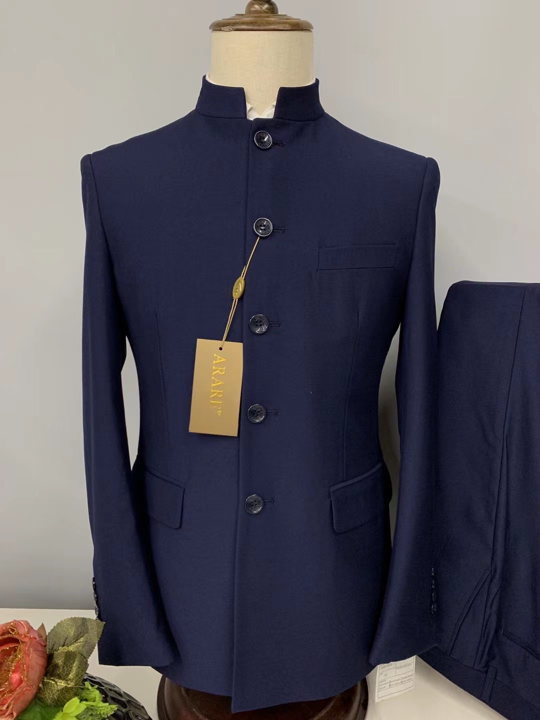 中山装西服男时尚商务结婚新郎立领修身唐装纯色西装男两件套红控