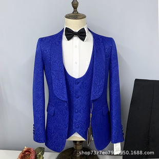 欧美外贸粉色西装 男三件套演出宴会婚礼伴郎西服男暗花纹suit红控