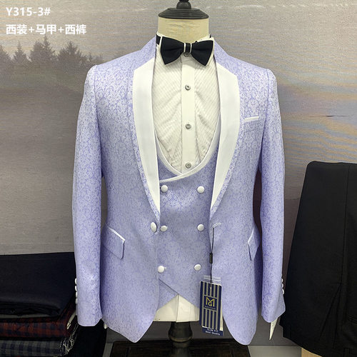 欧美外贸时尚绅士商务休闲西服套装男礼服提花三件套西装Y315红控