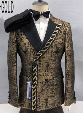 欧美外贸烫钻亮片西装尖领新郎礼服两件套男士西服F719、Y398红控