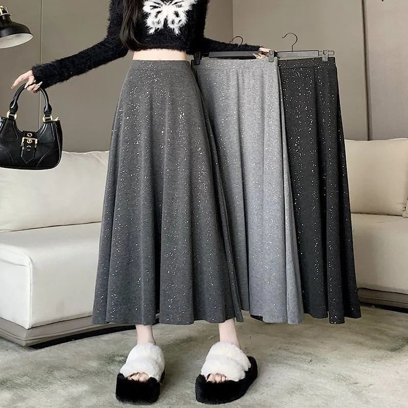灰色亮片针织半身裙女春秋新款小个子垂感a字裙高腰显瘦中长伞裙