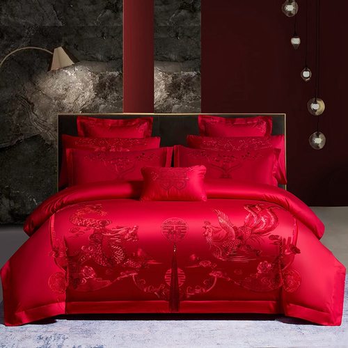 100支新疆长绒棉婚庆四件套大红喜庆结婚床单床盖被套新婚四件套