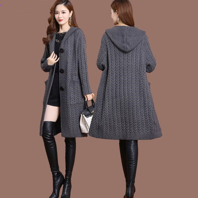 复古麻花针织开衫中长款女士大码秋冬装过膝连帽大衣洋气毛衣外套