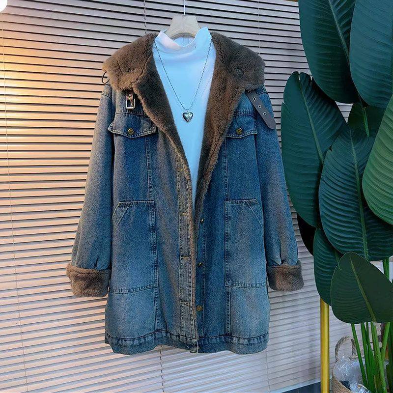 连帽中长款牛仔仿兔毛外套女秋冬派克服加绒加厚棉服大衣感