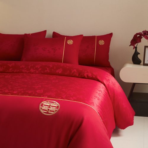 高档提花婚庆四件套红色结婚被套纯棉床单床笠新婚嫁喜被床上用品