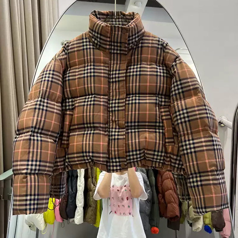 宽松韩版复古格子短款棉服外套女冬季新款小个子设计感面包服潮