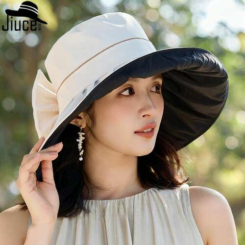 赫本风蝴蝶结大沿防晒帽子女春夏季新款户外遮阳帽显脸小UV渔夫帽