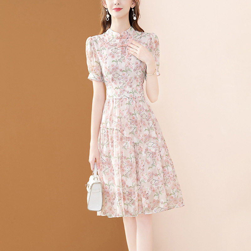 旗袍连衣裙女夏季2025新款气质收腰显瘦中长款小个子碎花雪纺裙子